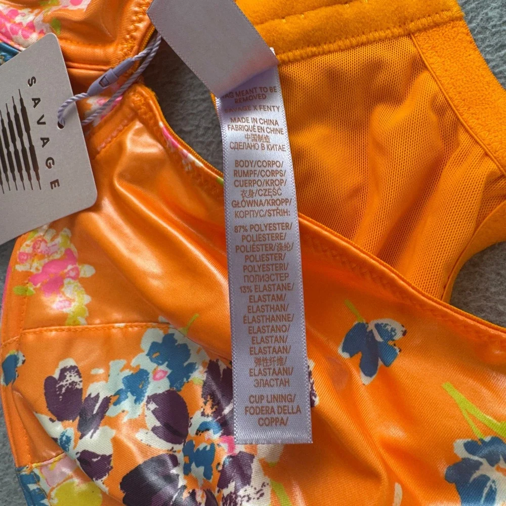 Savage X Fenty Bra Womens 38H Orange Floral Unlined Underwire Bows Lingerie